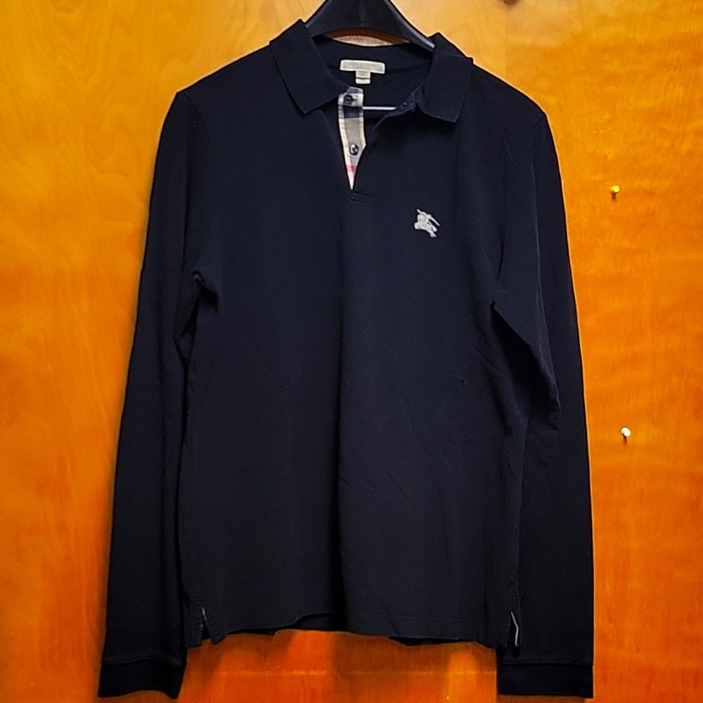 Burberry Men's Long Sleeve Polo Shirt-Black Medium